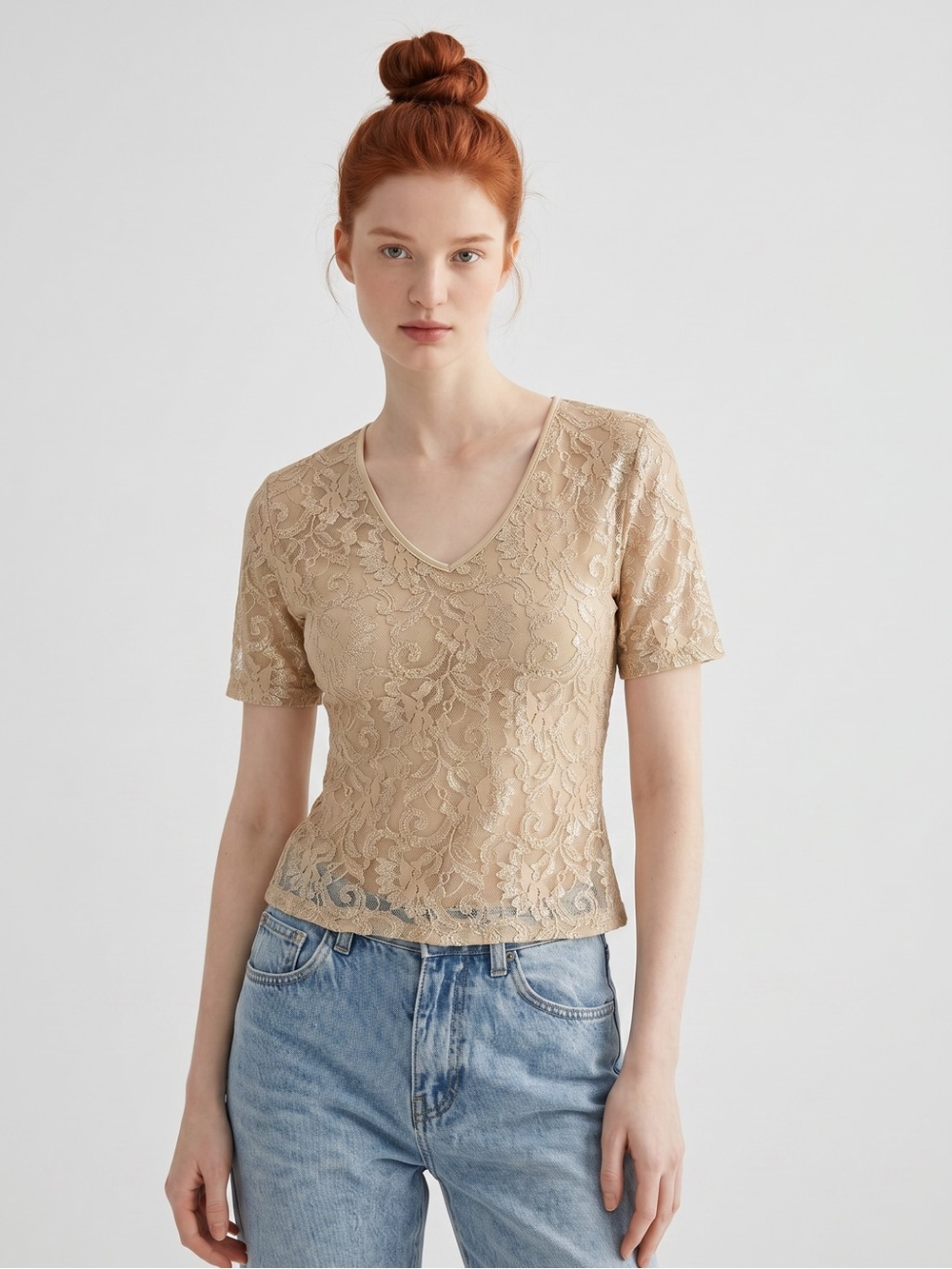 Vintage I.N Studio Sheer Lace Cottage Short Sleeve Top in Beige. Made in USA. S